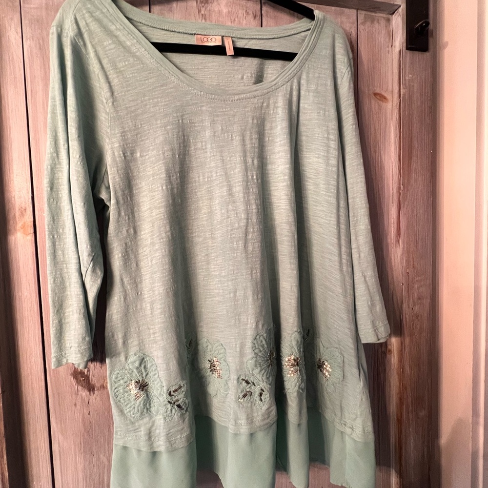 LOGO by Lori Goldstein Light Mint Embroidered Hem Tunic